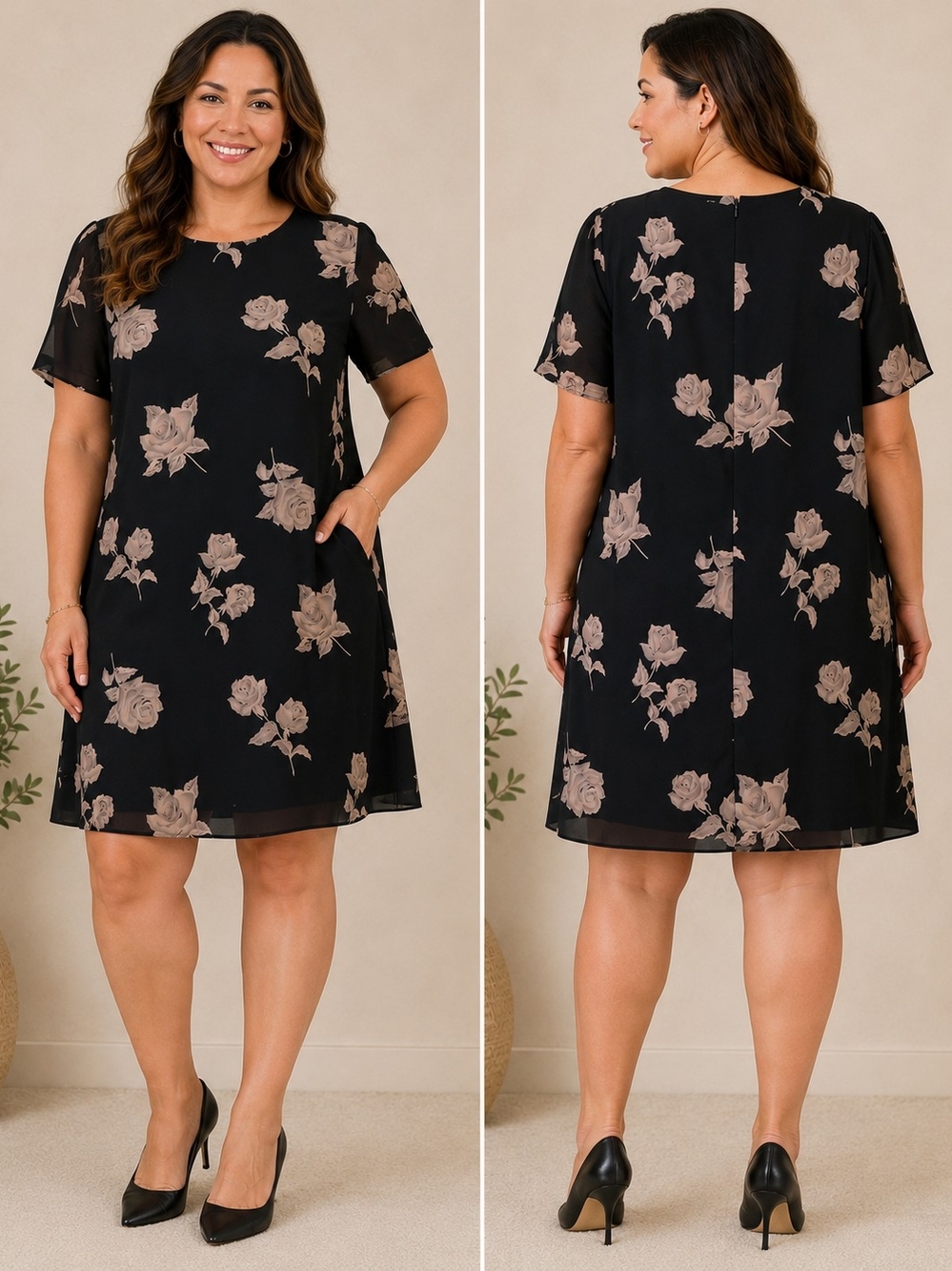 Ricky Freeman for Teri Jon 100% Silk Black Floral Shift Dress Size 14 Elegant